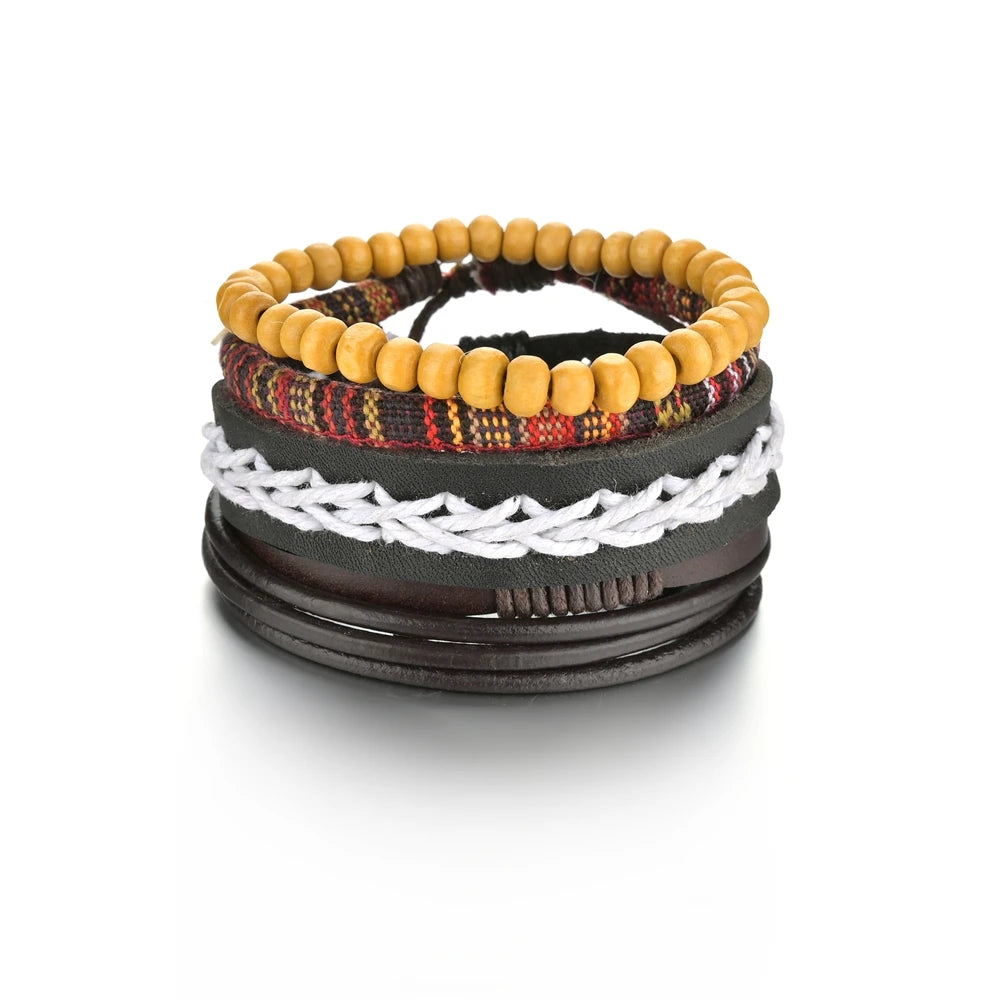Retro Leather Bracelets for Men Boyfriend Bohemia Multilayer Beads Wrap Punk Rope Jewelry Valentine's Day Gift Bangles