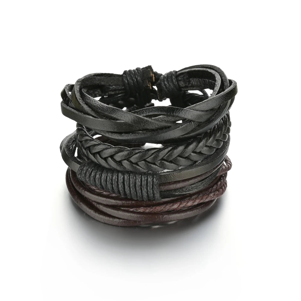Retro Leather Bracelets for Men Boyfriend Bohemia Multilayer Beads Wrap Punk Rope Jewelry Valentine's Day Gift Bangles