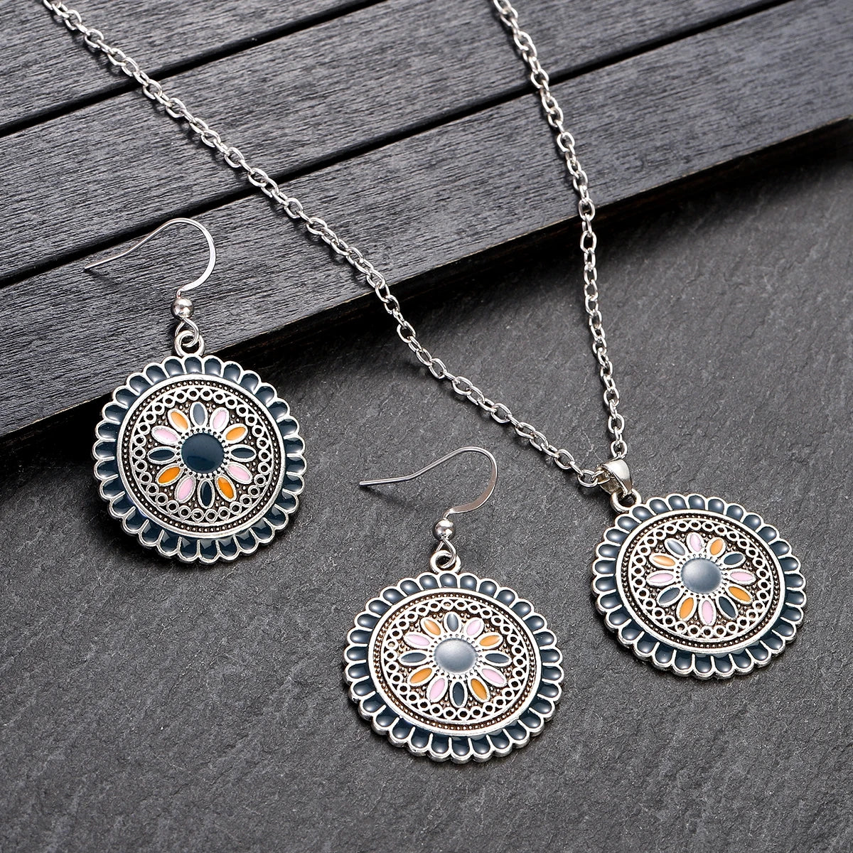Boho Pink Flower Earring/Necklace Set Bijoux Women's Purple Indian Wedding Jewelry Hangers Bohemia Earrings