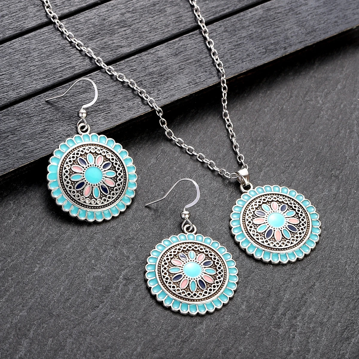 Boho Pink Flower Earring/Necklace Set Bijoux Women's Purple Indian Wedding Jewelry Hangers Bohemia Earrings