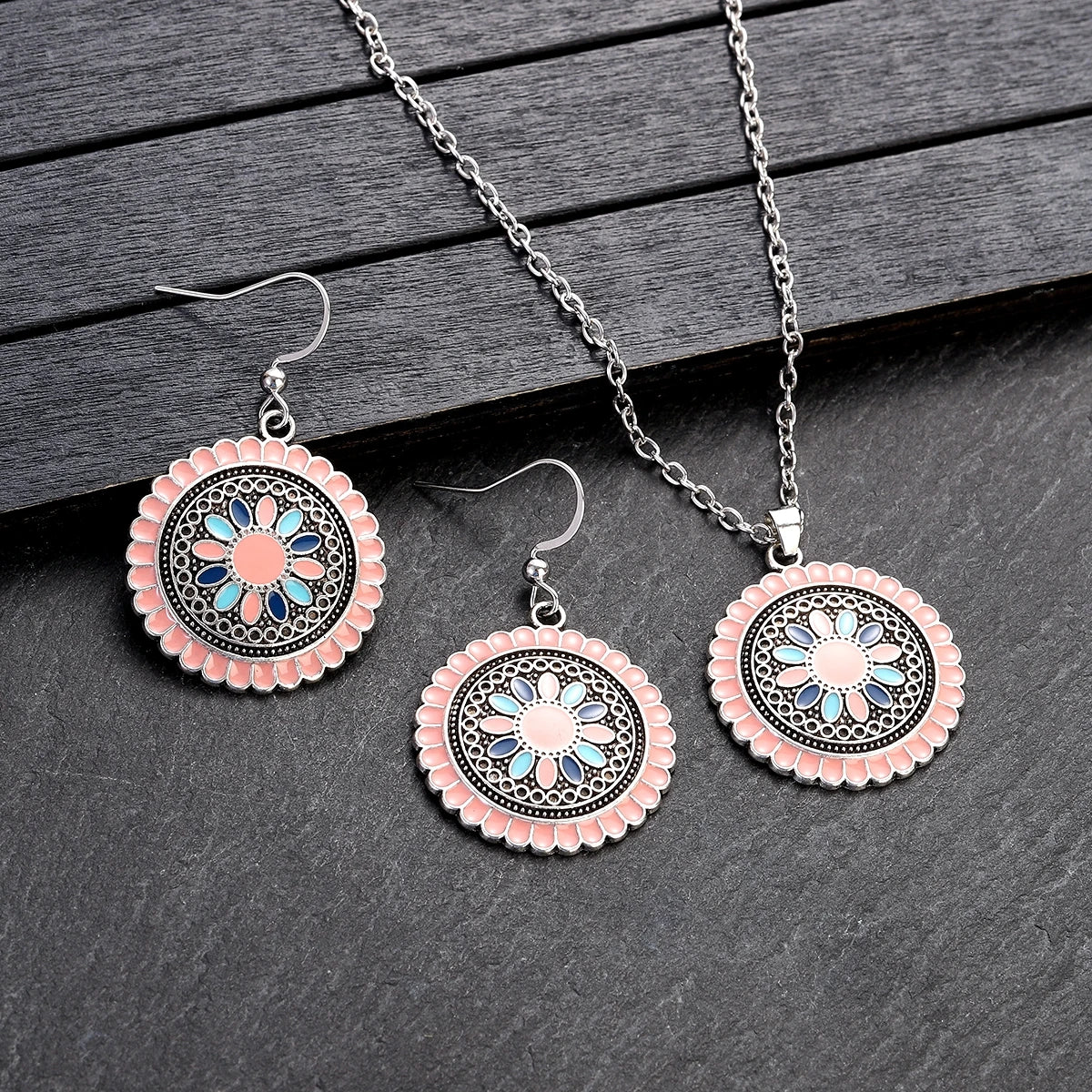 Boho Pink Flower Earring/Necklace Set Bijoux Women's Purple Indian Wedding Jewelry Hangers Bohemia Earrings