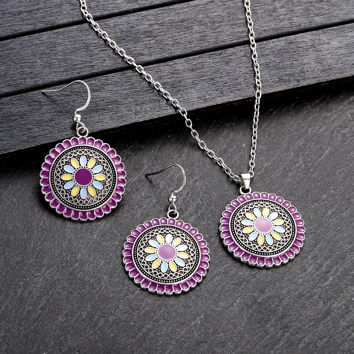 Boho Pink Flower Earring/Necklace Set Bijoux Women's Purple Indian Wedding Jewelry Hangers Bohemia Earrings
