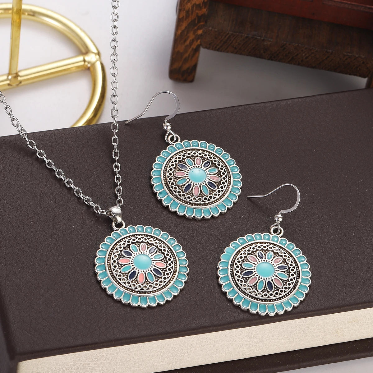 Boho Pink Flower Earring/Necklace Set Bijoux Women's Purple Indian Wedding Jewelry Hangers Bohemia Earrings