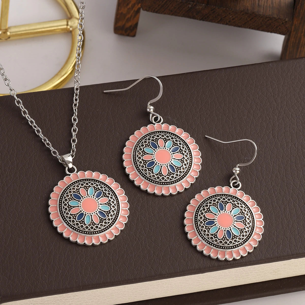 Boho Pink Flower Earring/Necklace Set Bijoux Women's Purple Indian Wedding Jewelry Hangers Bohemia Earrings