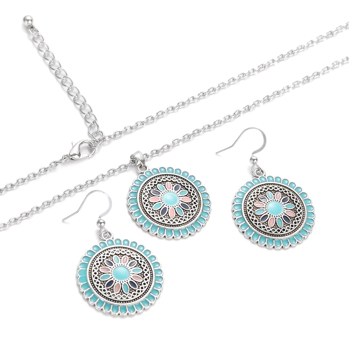 Boho Pink Flower Earring/Necklace Set Bijoux Women's Purple Indian Wedding Jewelry Hangers Bohemia Earrings