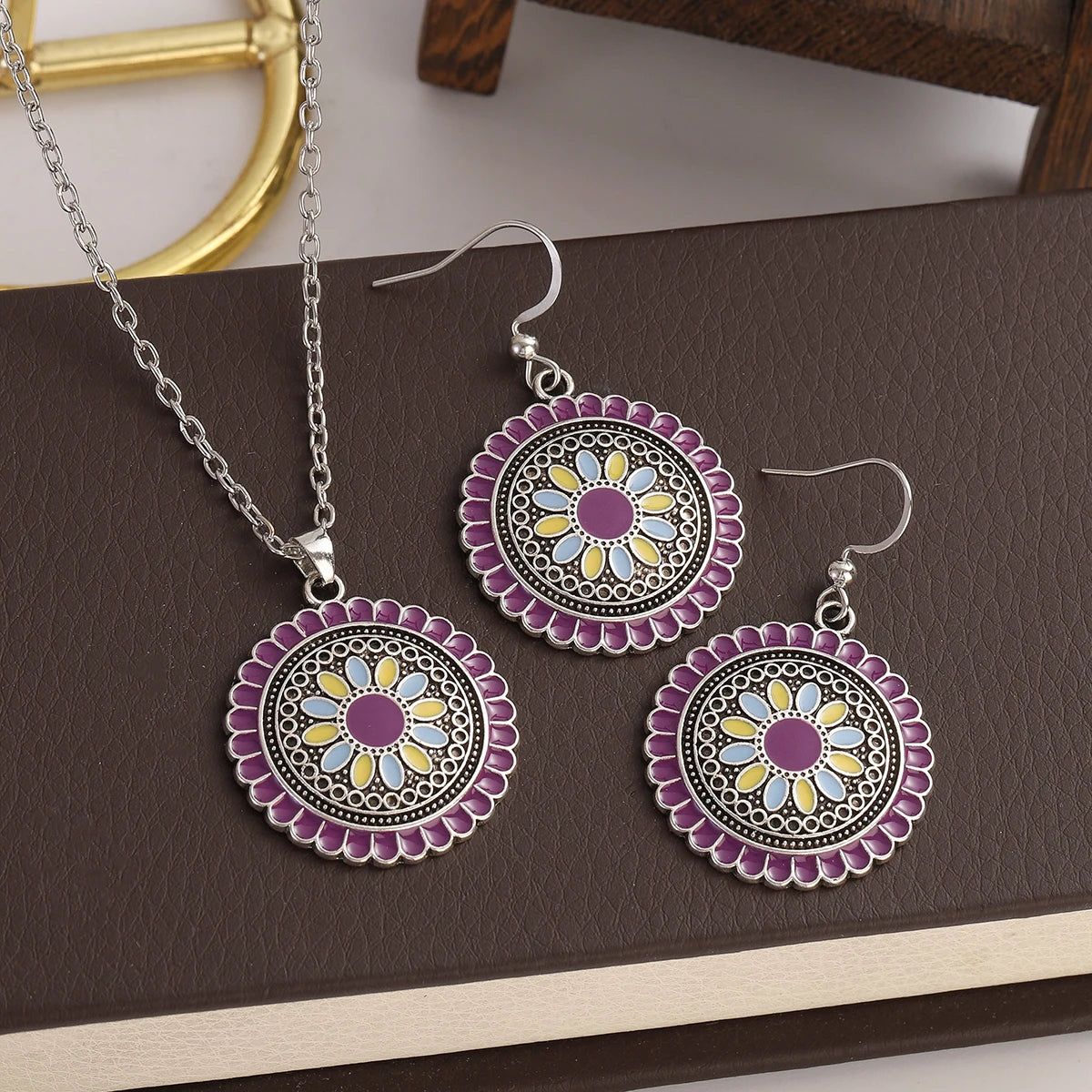 Boho Pink Flower Earring/Necklace Set Bijoux Women's Purple Indian Wedding Jewelry Hangers Bohemia Earrings