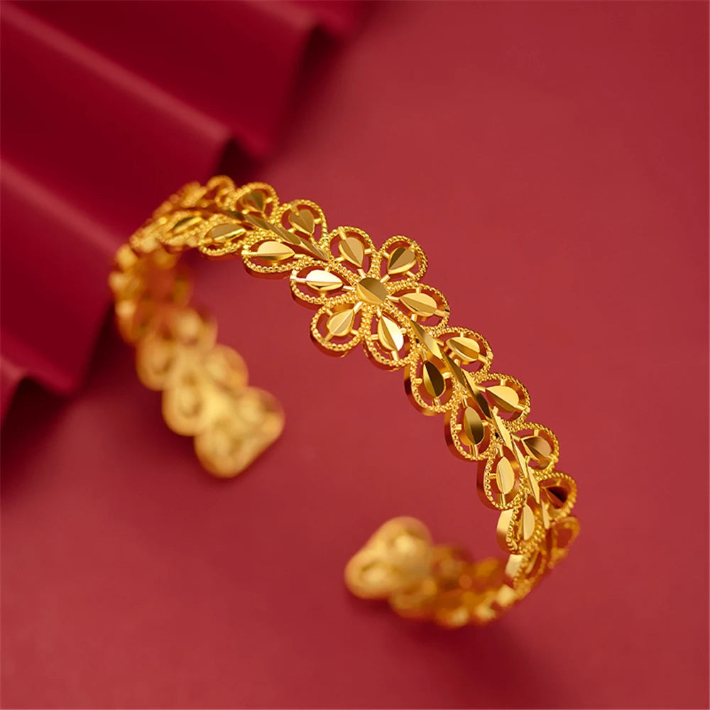24K Gold Plated Bangles For Women Open Bangle & Bracelet Pulseira Femme Wedding Bridal Jewelry Accessories Party Giftss Bijoux