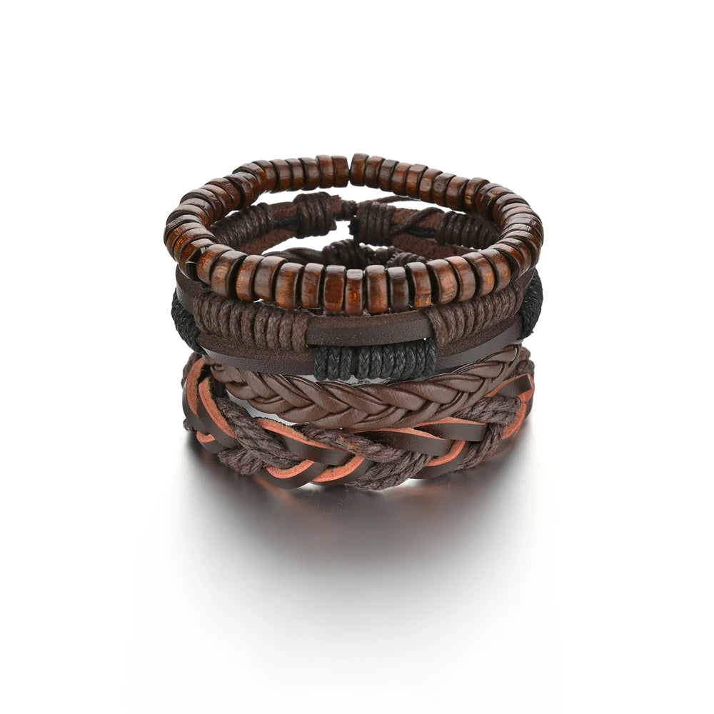 Retro Leather Bracelets for Men Boyfriend Bohemia Multilayer Beads Wrap Punk Rope Jewelry Valentine's Day Gift Bangles