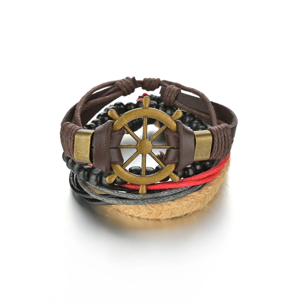 Retro Leather Bracelets for Men Boyfriend Bohemia Multilayer Beads Wrap Punk Rope Jewelry Valentine's Day Gift Bangles