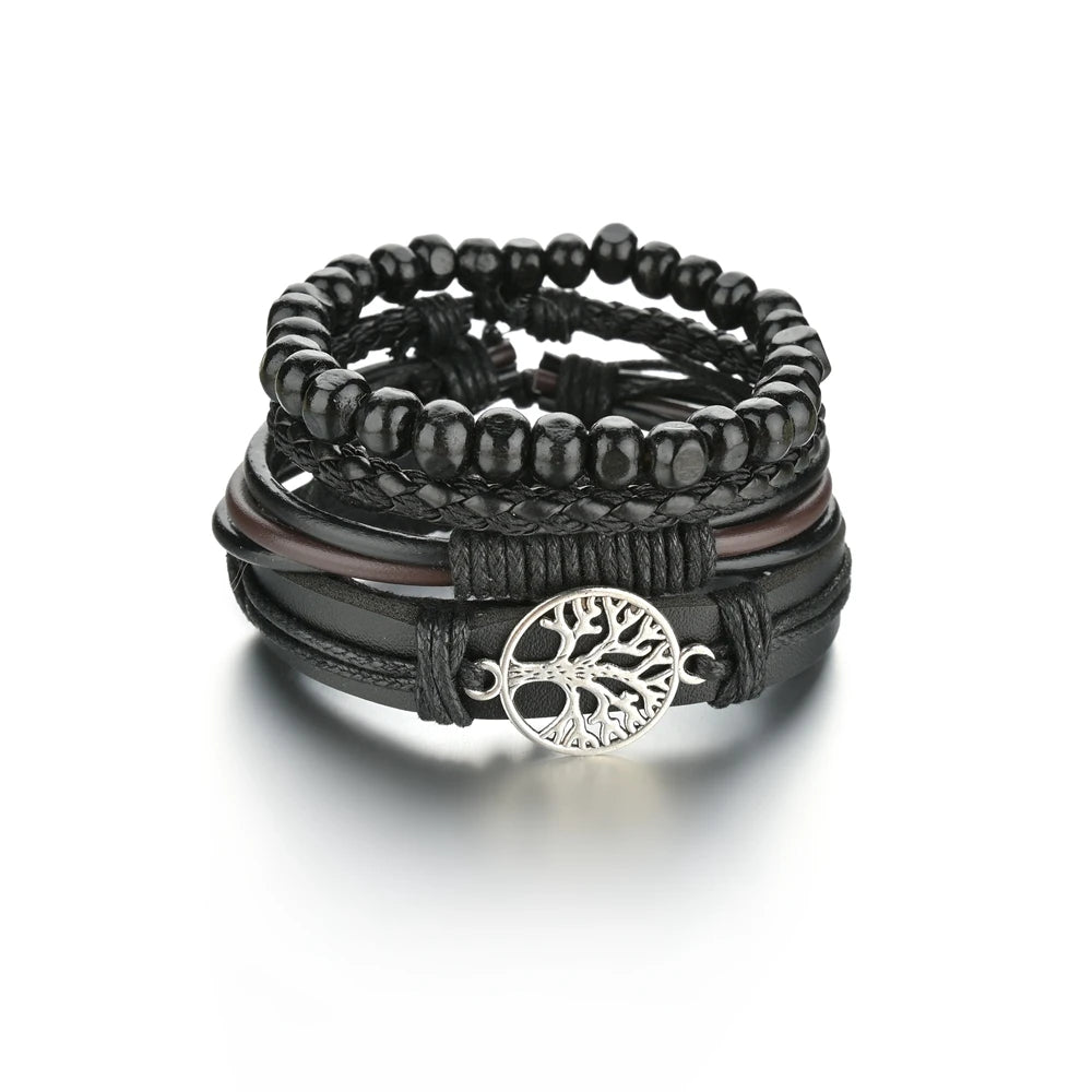 Retro Leather Bracelets for Men Boyfriend Bohemia Multilayer Beads Wrap Punk Rope Jewelry Valentine's Day Gift Bangles