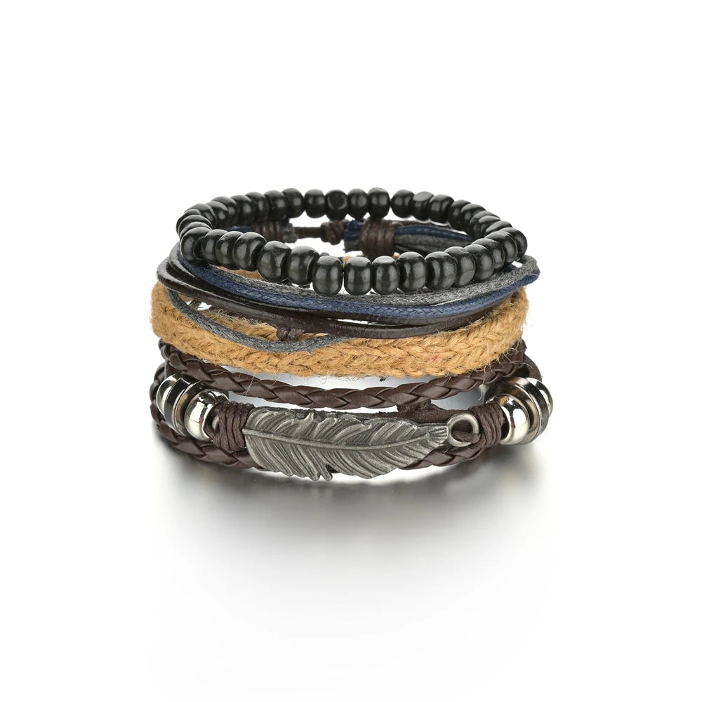 Retro Leather Bracelets for Men Boyfriend Bohemia Multilayer Beads Wrap Punk Rope Jewelry Valentine's Day Gift Bangles