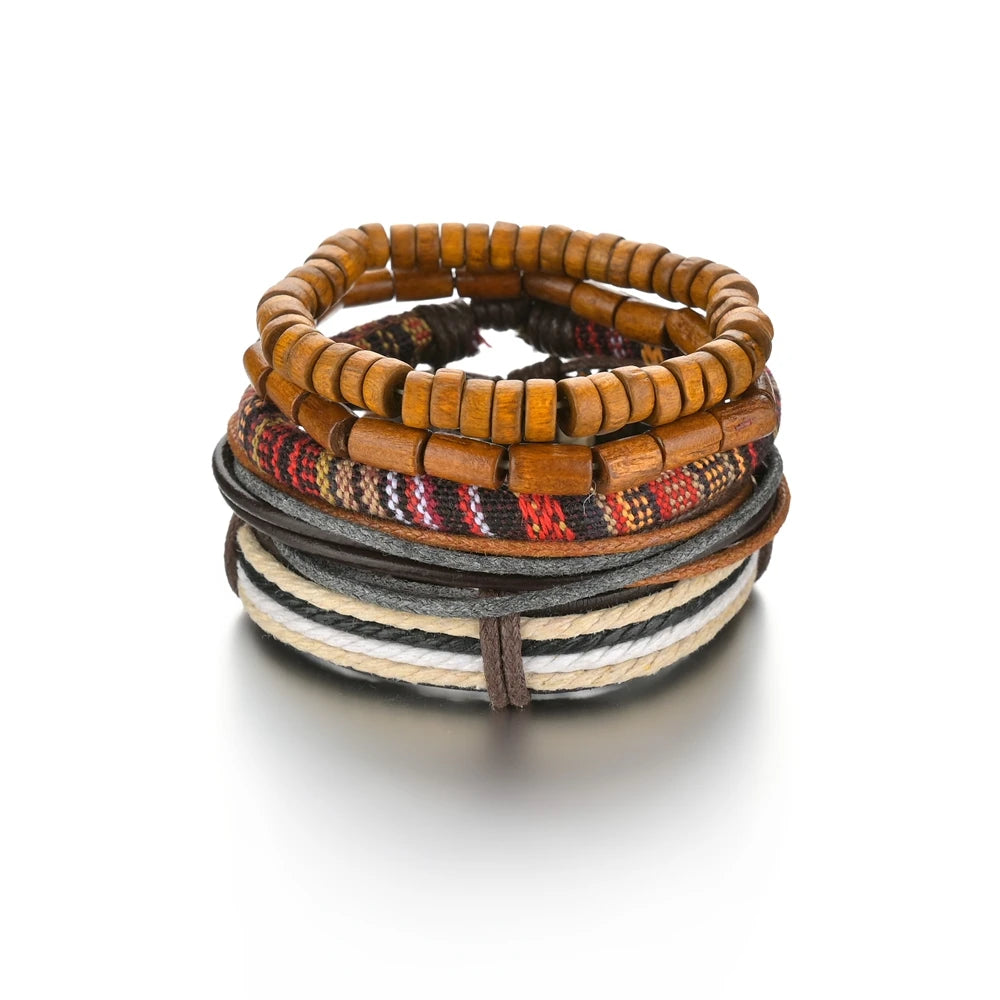 Retro Leather Bracelets for Men Boyfriend Bohemia Multilayer Beads Wrap Punk Rope Jewelry Valentine's Day Gift Bangles