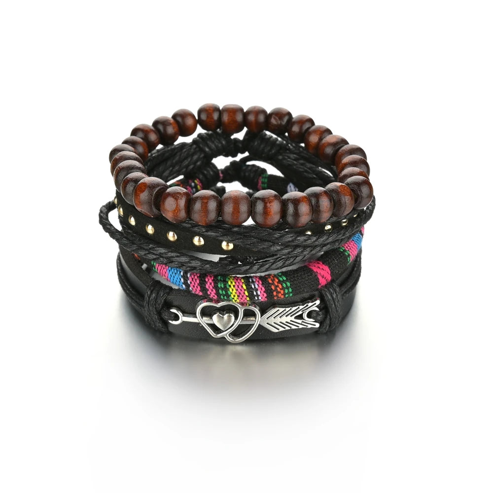Retro Leather Bracelets for Men Boyfriend Bohemia Multilayer Beads Wrap Punk Rope Jewelry Valentine's Day Gift Bangles