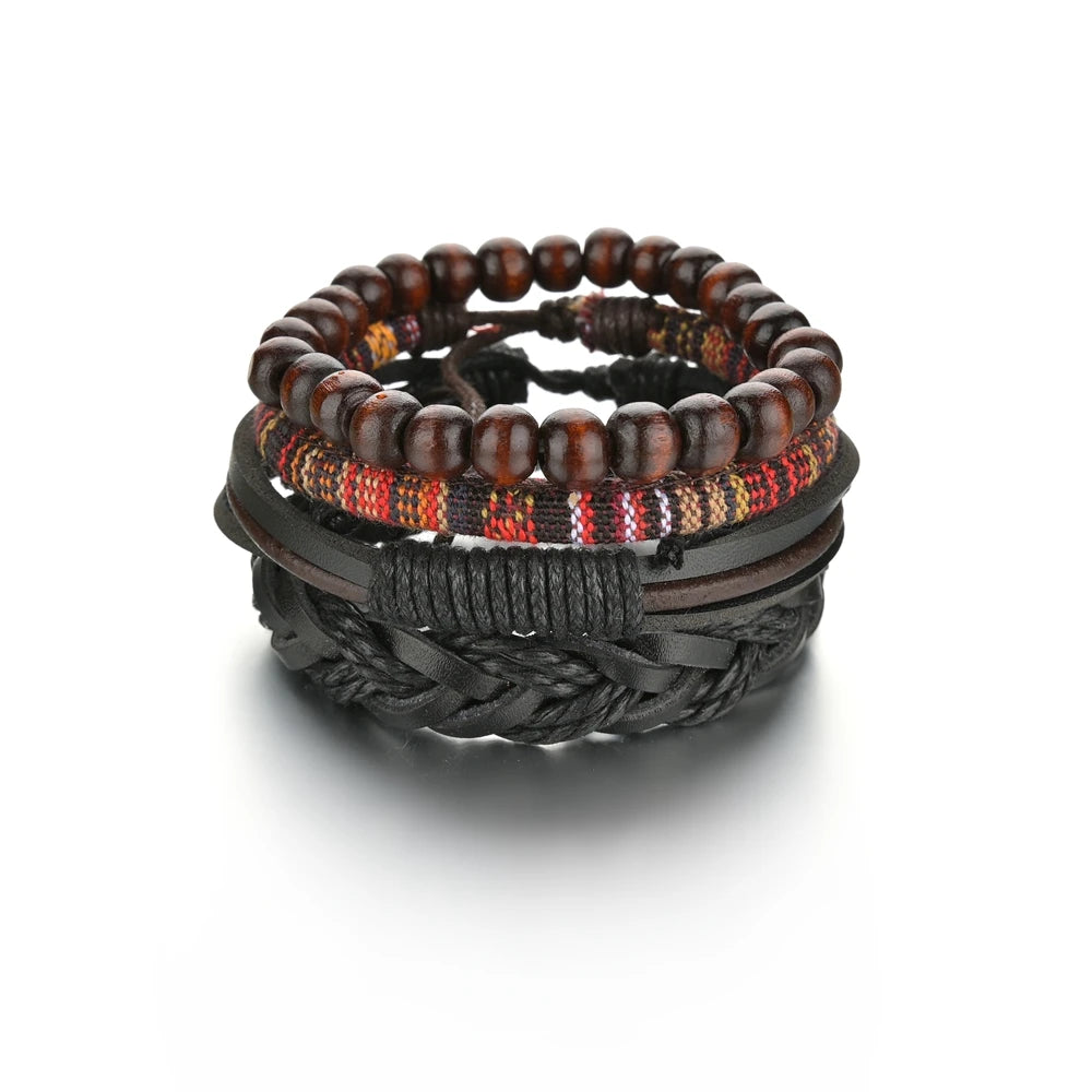 Retro Leather Bracelets for Men Boyfriend Bohemia Multilayer Beads Wrap Punk Rope Jewelry Valentine's Day Gift Bangles