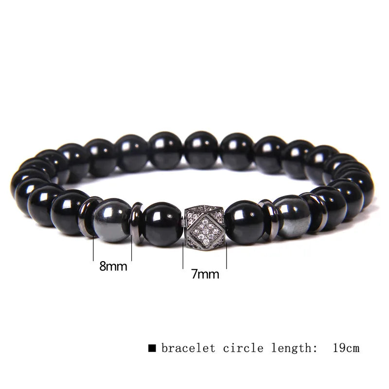 Handmade Men Bracelet Black Onyx Beads Bracelet Round Metal Ball Charm Yoga Healing Bracelet Energy Jewelry Homme Gifts Male