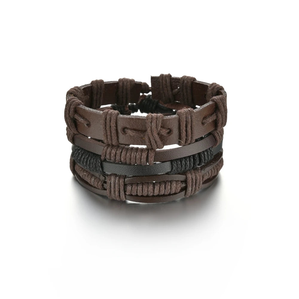 Retro Leather Bracelets for Men Boyfriend Bohemia Multilayer Beads Wrap Punk Rope Jewelry Valentine's Day Gift Bangles
