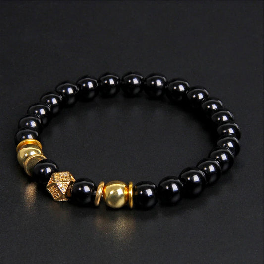 Handmade Men Bracelet Black Onyx Beads Bracelet Round Metal Ball Charm Yoga Healing Bracelet Energy Jewelry Homme Gifts Male