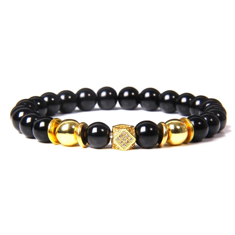 Handmade Men Bracelet Black Onyx Beads Bracelet Round Metal Ball Charm Yoga Healing Bracelet Energy Jewelry Homme Gifts Male