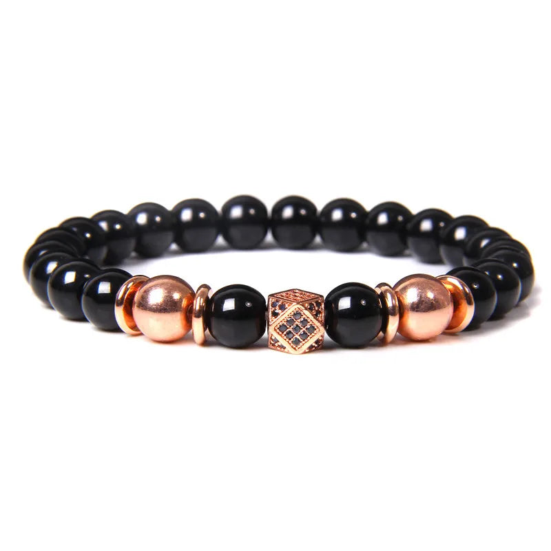 Handmade Men Bracelet Black Onyx Beads Bracelet Round Metal Ball Charm Yoga Healing Bracelet Energy Jewelry Homme Gifts Male