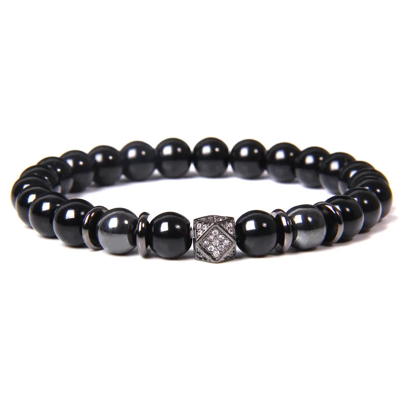 Handmade Men Bracelet Black Onyx Beads Bracelet Round Metal Ball Charm Yoga Healing Bracelet Energy Jewelry Homme Gifts Male