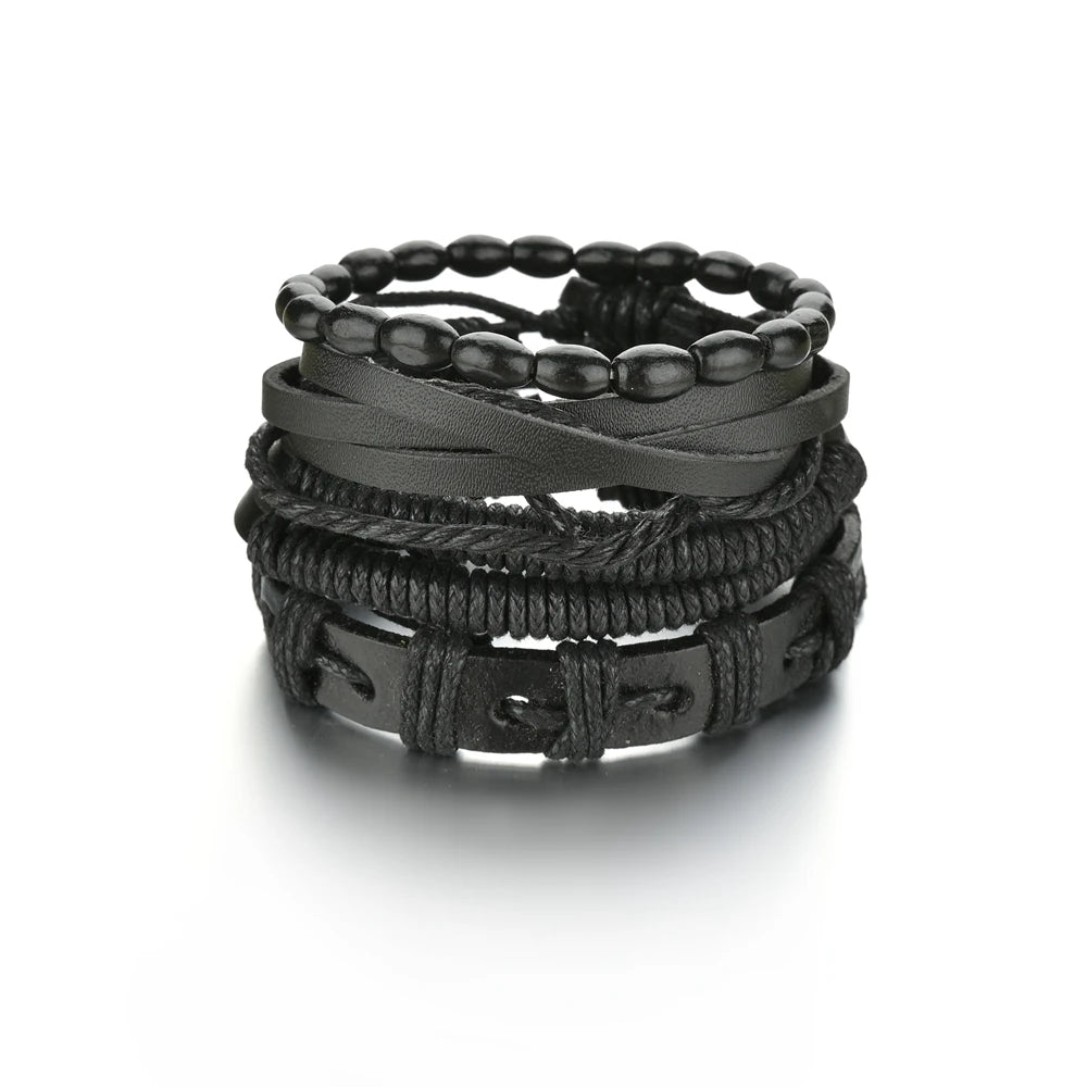 Retro Leather Bracelets for Men Boyfriend Bohemia Multilayer Beads Wrap Punk Rope Jewelry Valentine's Day Gift Bangles