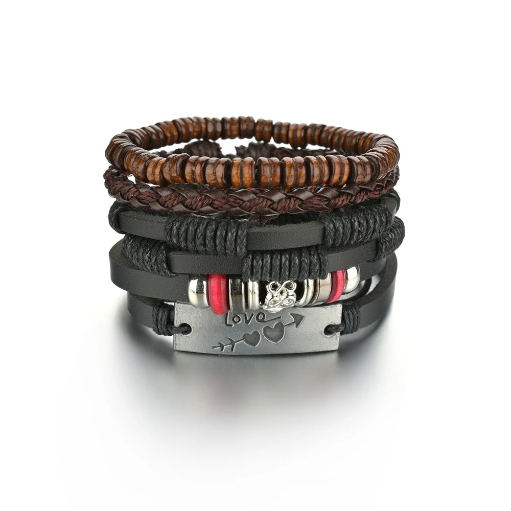 Retro Leather Bracelets for Men Boyfriend Bohemia Multilayer Beads Wrap Punk Rope Jewelry Valentine's Day Gift Bangles
