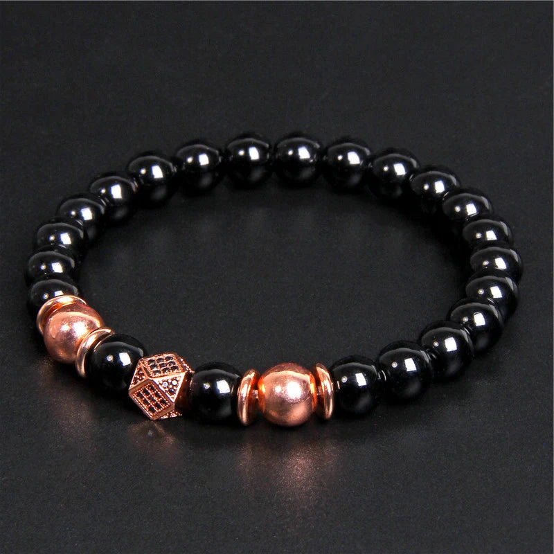 Handmade Men Bracelet Black Onyx Beads Bracelet Round Metal Ball Charm Yoga Healing Bracelet Energy Jewelry Homme Gifts Male