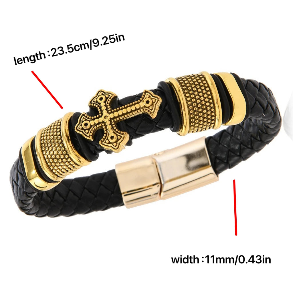 Cross-shaped leather bracelet for men, featuring multiple layers and handwoven cords with a magnetic clasp, trending across bord