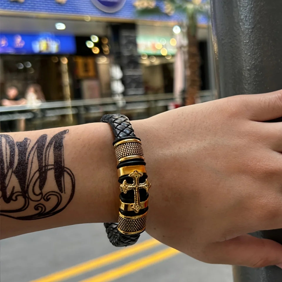 Cross-shaped leather bracelet for men, featuring multiple layers and handwoven cords with a magnetic clasp, trending across bord