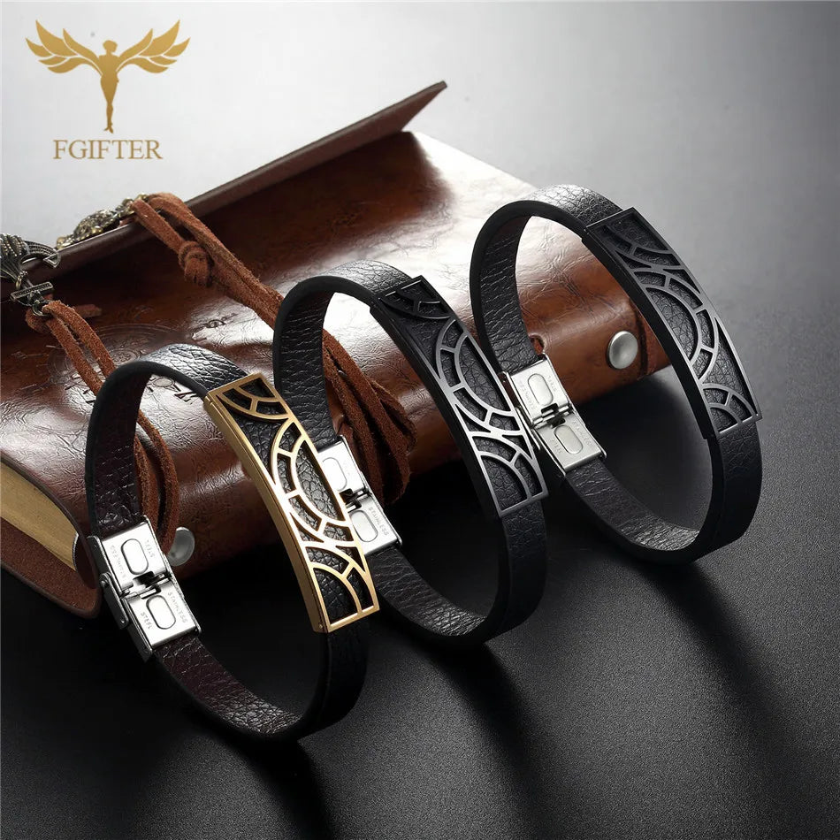 Trendy Leather Bracelets Men Women Stainless Steel Geometric Bracelets For Male Female Bracelets Jewelry Pulsera Hombre