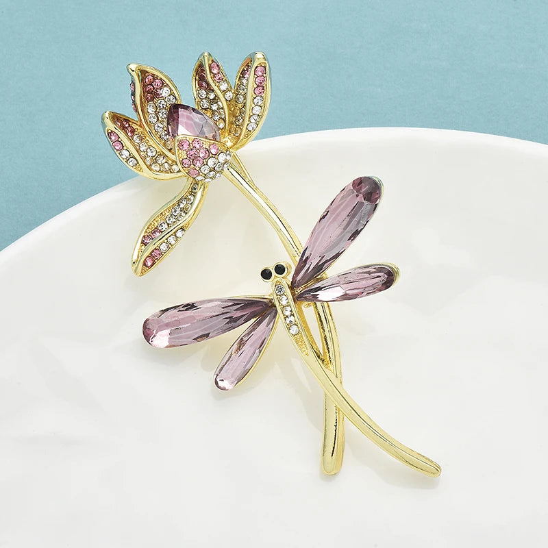 Wuli&baby Elegant Dragonfly And Lotus Flower Brooches Pins For Women Party Office Brooch Gifts