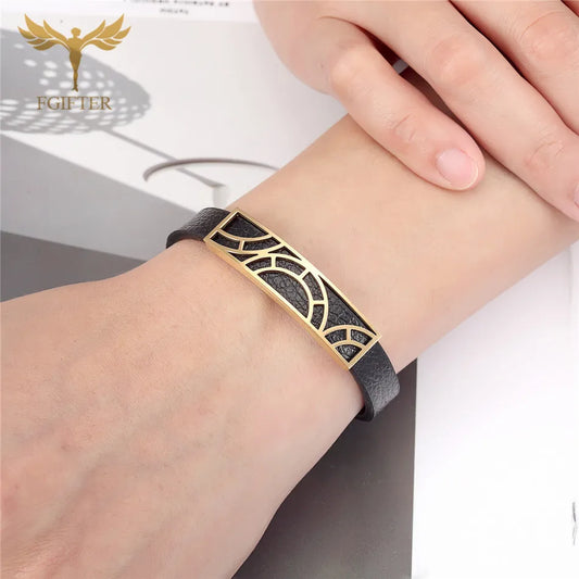 Trendy Leather Bracelets Men Women Stainless Steel Geometric Bracelets For Male Female Bracelets Jewelry Pulsera Hombre