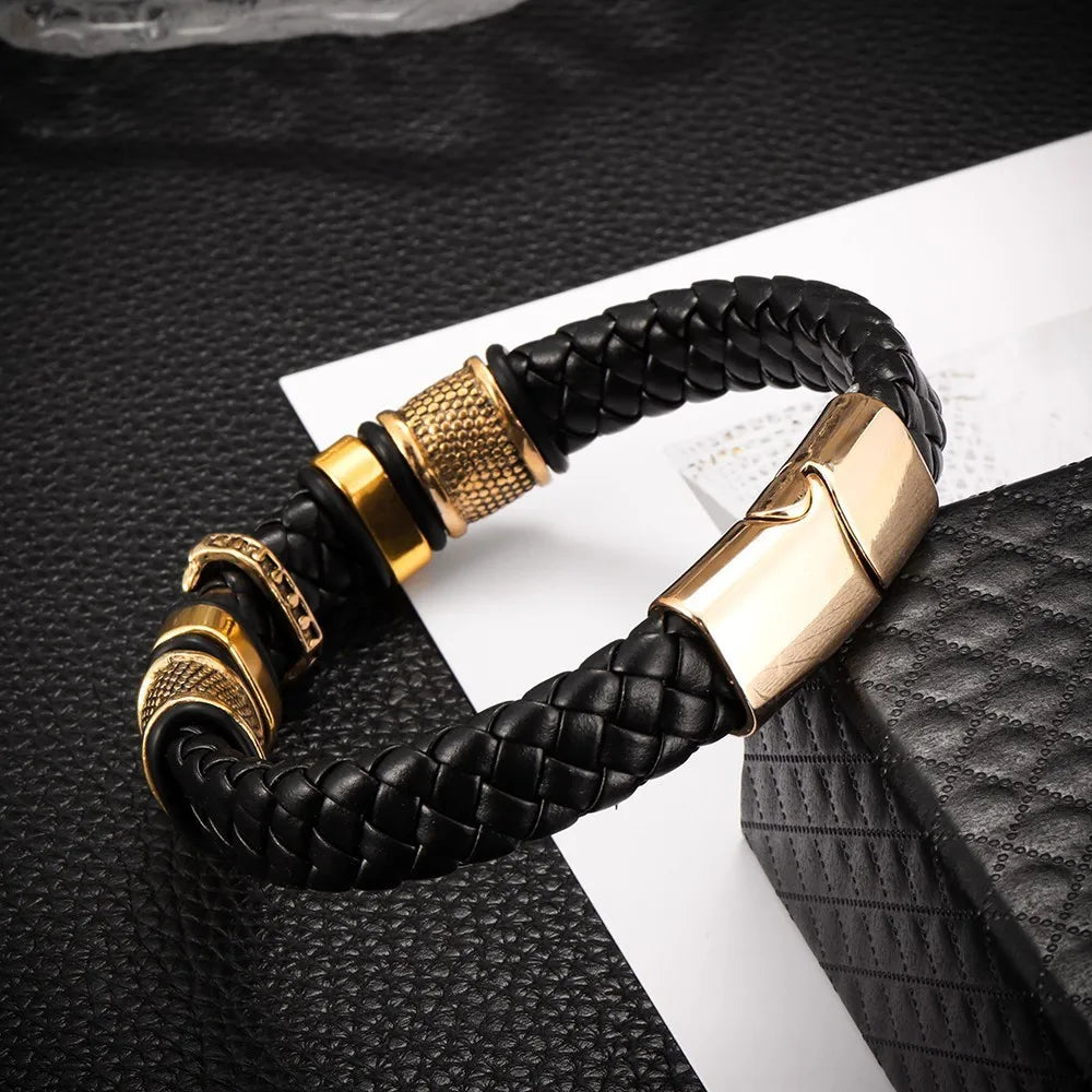 Cross-shaped leather bracelet for men, featuring multiple layers and handwoven cords with a magnetic clasp, trending across bord