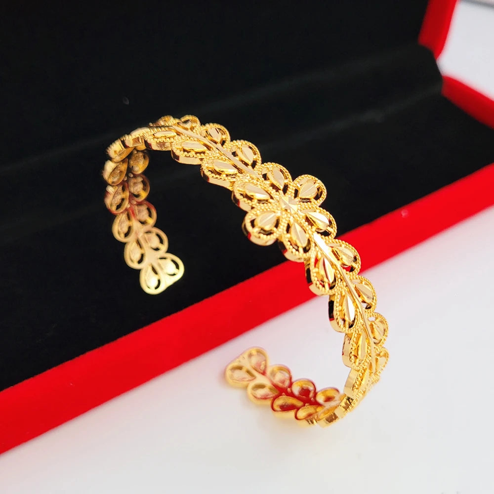 24K Gold Plated Bangles For Women Open Bangle & Bracelet Pulseira Femme Wedding Bridal Jewelry Accessories Party Giftss Bijoux