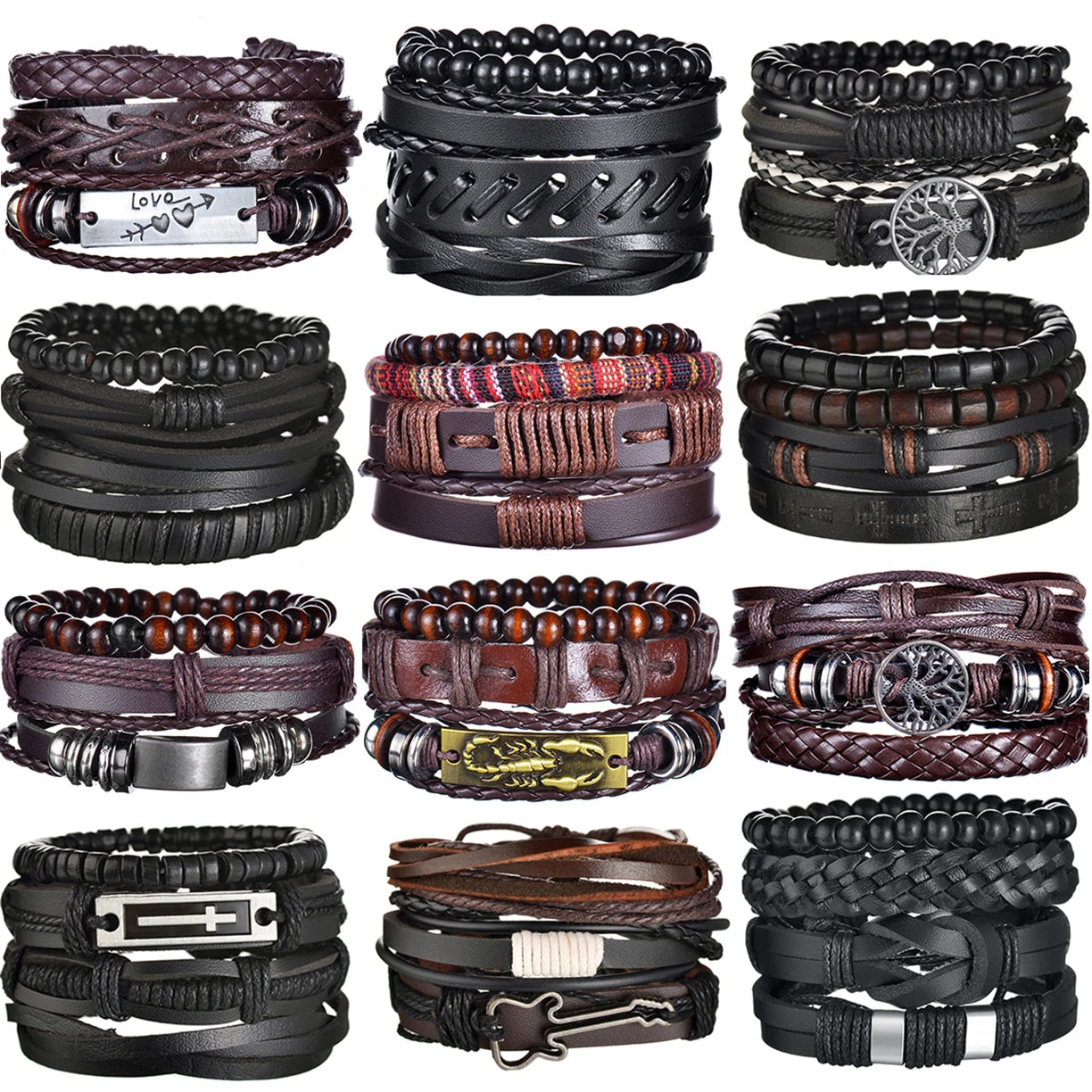 Retro Leather Bracelets for Men Boyfriend Bohemia Multilayer Beads Wrap Punk Rope Jewelry Valentine's Day Gift Bangles