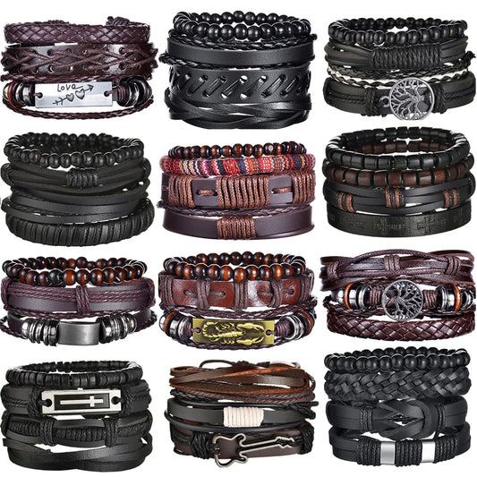 Retro Leather Bracelets for Men Boyfriend Bohemia Multilayer Beads Wrap Punk Rope Jewelry Valentine's Day Gift Bangles