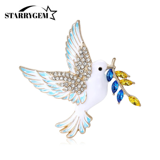 Trendy Rhinestone Bird Brooches for Women Enamel Wheat Pins Unique Design Ukrainian Peace Dove New Year Gifts Accessories