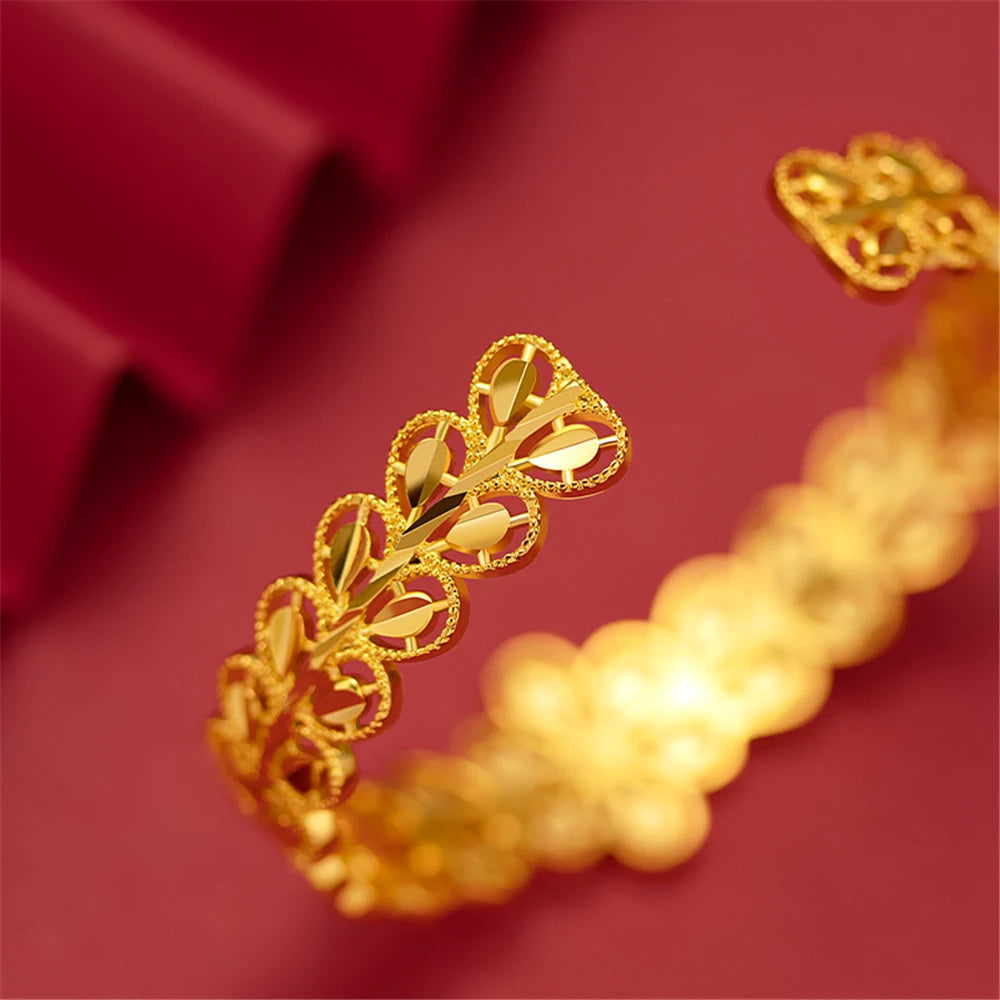 24K Gold Plated Bangles For Women Open Bangle & Bracelet Pulseira Femme Wedding Bridal Jewelry Accessories Party Giftss Bijoux