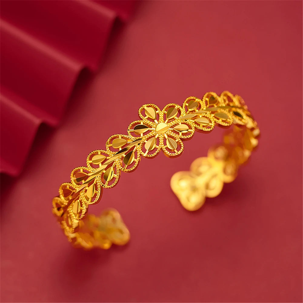 24K Gold Plated Bangles For Women Open Bangle & Bracelet Pulseira Femme Wedding Bridal Jewelry Accessories Party Giftss Bijoux