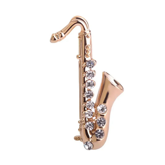 Blucome Saxophone Shape Brooches Small Suit Lapel Pins Crystal Collar Chapter Musician Clothes Decoration Bijoux K
