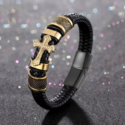 Cross-shaped leather bracelet for men, featuring multiple layers and handwoven cords with a magnetic clasp, trending across bord