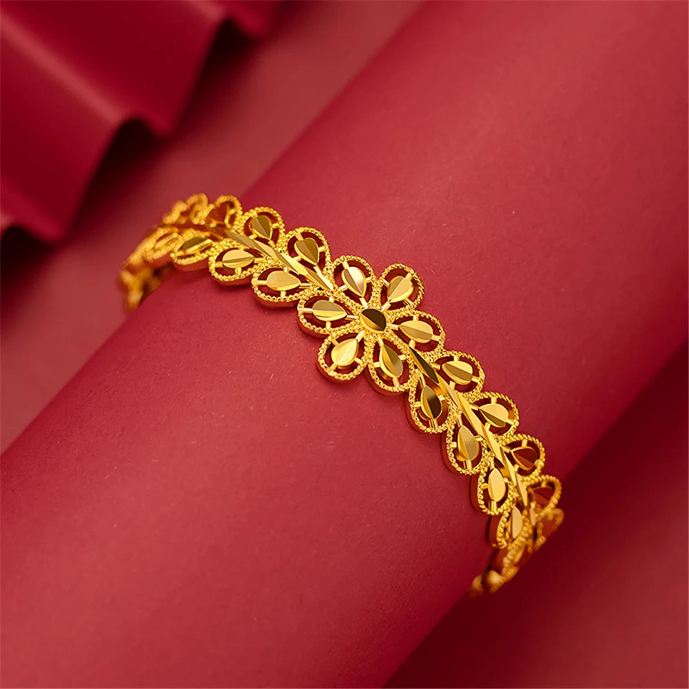 24K Gold Plated Bangles For Women Open Bangle & Bracelet Pulseira Femme Wedding Bridal Jewelry Accessories Party Giftss Bijoux