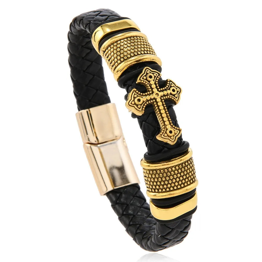 Cross-shaped leather bracelet for men, featuring multiple layers and handwoven cords with a magnetic clasp, trending across bord