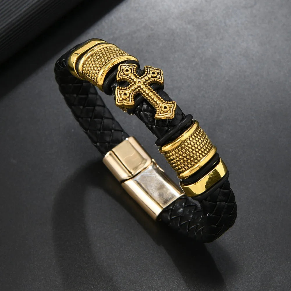 Cross-shaped leather bracelet for men, featuring multiple layers and handwoven cords with a magnetic clasp, trending across bord