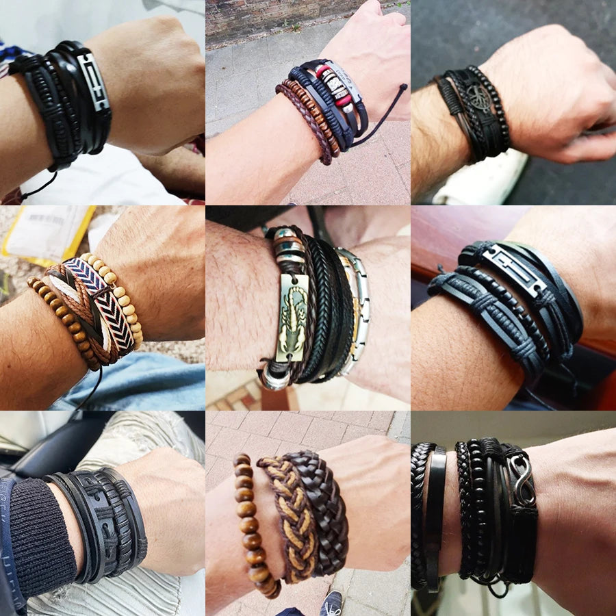 Retro Leather Bracelets for Men Boyfriend Bohemia Multilayer Beads Wrap Punk Rope Jewelry Valentine's Day Gift Bangles